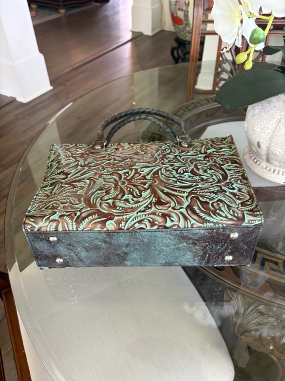 🤎🤎PATRICIA NASH TURQUOISE & BROWN TOOLED LEATHER TOTE BAG!🤎🤎 - Picture 4 of 8